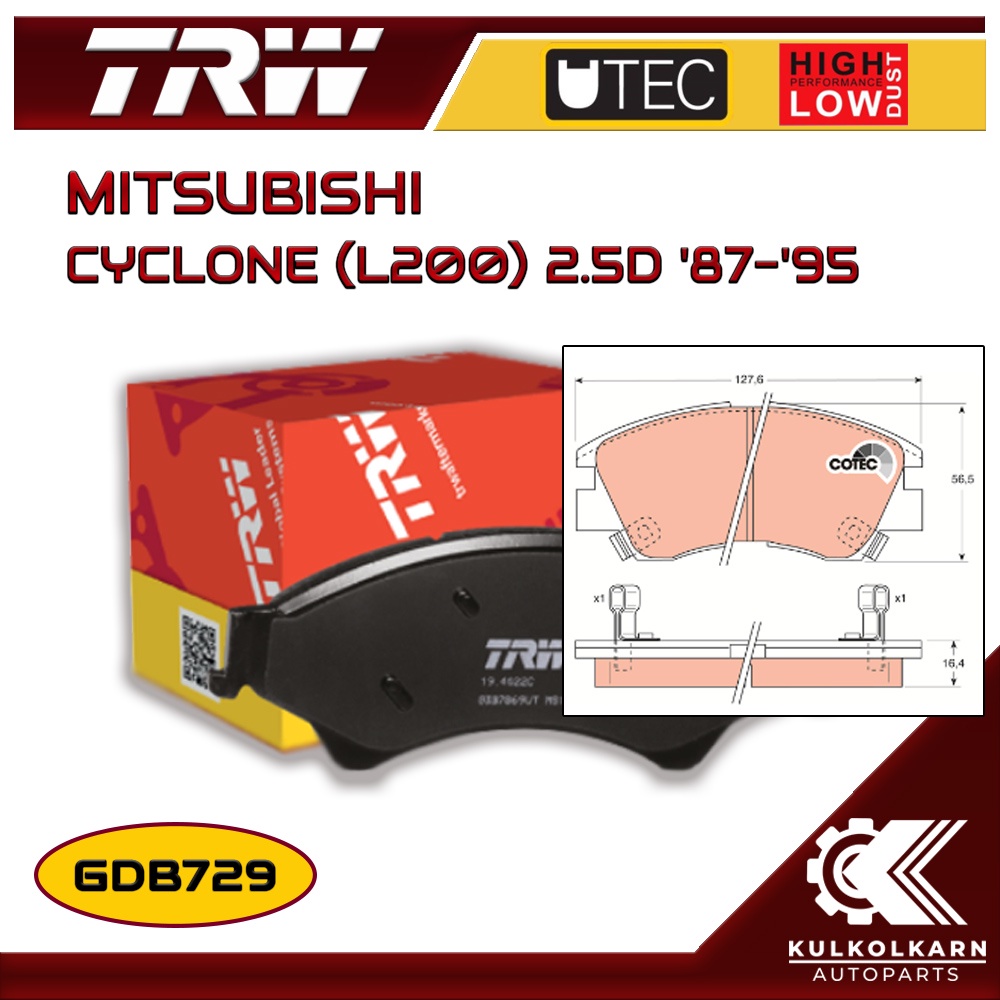 ผ้าเบรคหน้า TRW สำหรับ MITSUBISHI CYCLONE (L200) 2.5D '87-'95 (GDB729)