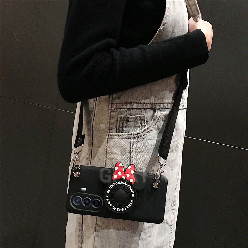 Ready Stock เคส Huawei Nova Y70 2022 New Fashion Soft Black Minnie Neck Strap Cute Cartoon Stand Holder Cover เคสโทรศัพท์ HuaweiNovaY70 #5