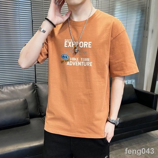 feng043ผ้าฝ้าย 100% แขนสั้นผู้ชายรอบคอหลวมแนวโน้ม ins พิมพ์เสื้อยืดผู้ชายนักเรียนสบายๆเสื้อยืดครึ่งแขน