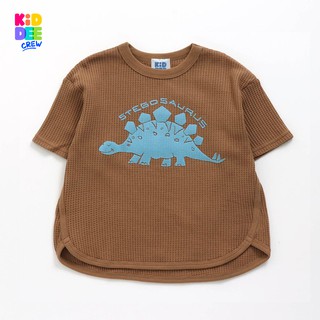 KiddeeCrew เสื้อแขนสั้นสีน้ำตาลลายไดโนเสาร์ dinosaur brown shirt เป็นผ้าวาฟเฟิล เหมาะสำหรับอายุ 1-14 ปี