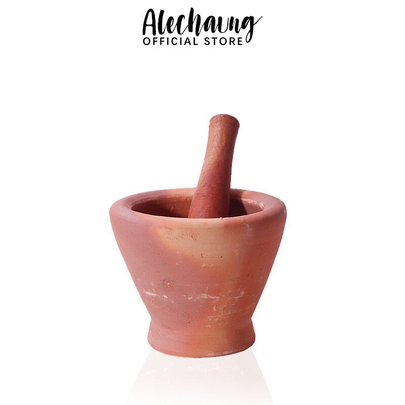 Alechaung ครก 7/8/9 นิ้ว ครกส้มตำ พร้อมสากไม้ ครกดินเผา ครกตำน้ำพริก ทนทาน ปลอดเชื่อรา Clay mortar ครกแตกเคลมได้