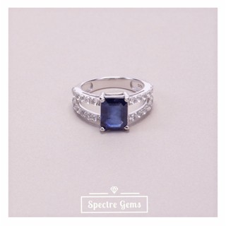 แหวนเงินแท้ 925 พลอยแท้ Sterling Silver Ring 92.5% topped with Blue Sapphire (Dark Blue) ชุบโรเดียม *พร้อมส่ง*