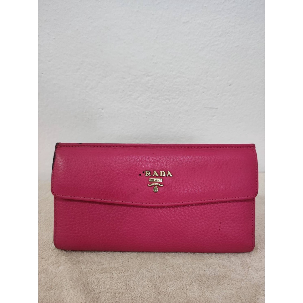 Bag กระเป๋าสวยมือสอง #กระเป๋าสตางค์ใบยาว 3 พับ สีชมพู ปราด้า หนังแท้ สีชมพู Prada