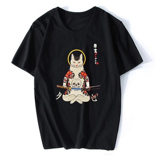 【100% cotton】เสื้อยืด พิมพ์ลายอนิเมะ Voltreffer Streetwear Ukiyo E Samurai Cat สไตล์ญี่ปุ่น สําหรับผู้ชายS-5XL