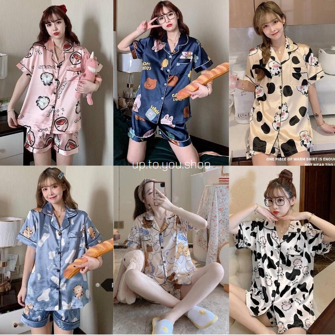 ชุดนอนซาติน ลายการ์ตูน ชุดนอนแขนสั้นขาสั้น ชุดนอนผ้าซาติน ชุดนอนแฟชั่นสไตล์เกาหลี ส่งไวจากไทย