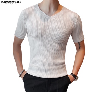 Incerun เสื้อยืดลําลอง คอวี แขนสั้น ผ้าถัก สีพื้น สําหรับผู้ชาย 3 สี