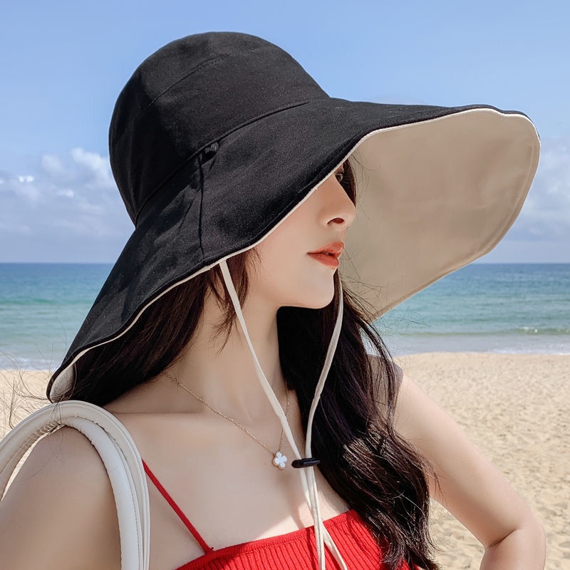 หมวกบักเก็ต bucket hat 2 ข้าง มีเชือกบังแดดใต้คาง ทรงสวย ผ้าหนา ม่านบังแดด ระบายอากาศ เวอร์ชั่นเกาหลี พับได้