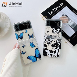 Jiehui เคสโทรศัพท์มือถือแฟชั่น ลายผีเสื้อ วัว สีฟ้า สําหรับ Samsung Z Flip5 Z Flip4 Z Flip3 (เปลือก + โซ่)