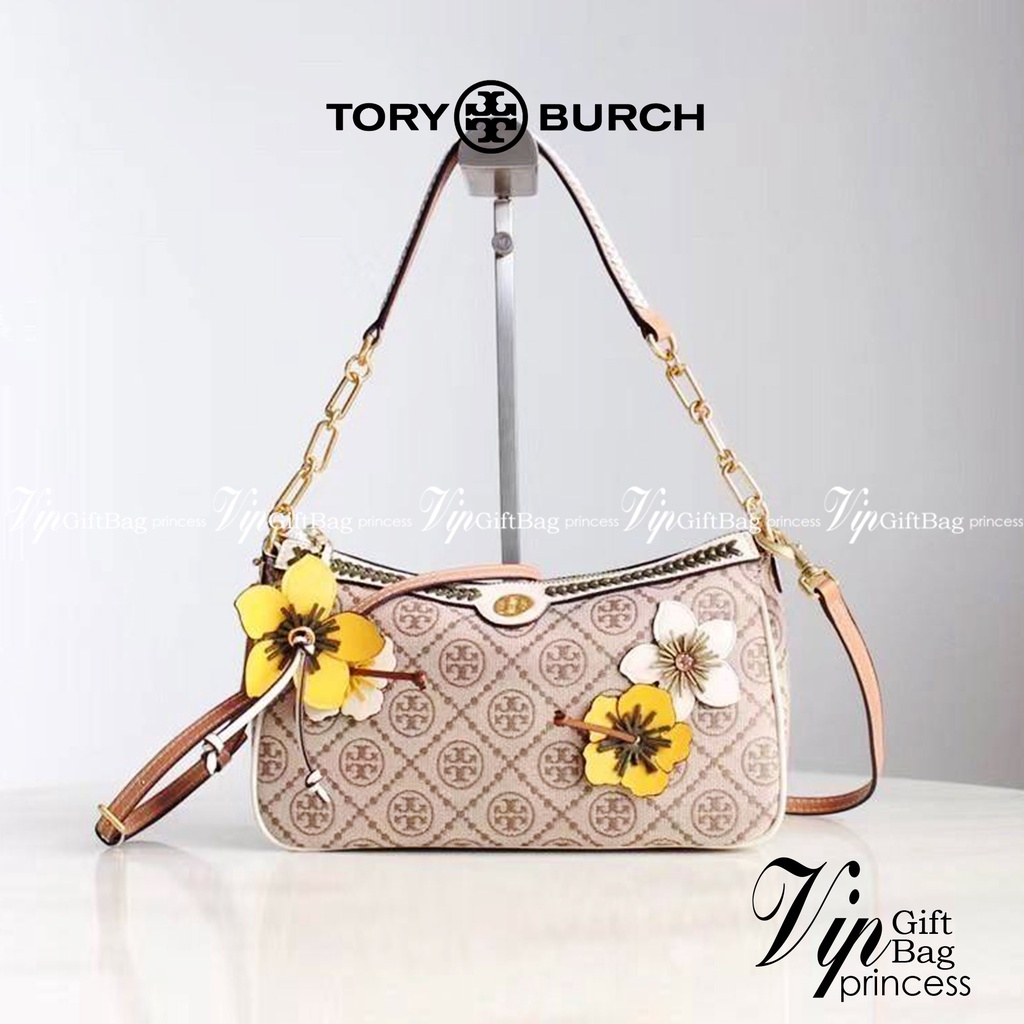 Tory Burch T Monogram Braided Floral Studio Shoulder Bag กระเป๋าถือหรือสะพายไหล่ลาย Monogramวัสดุผ้าJacquard+หนังแท้