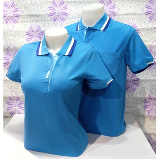 NS-POLO เสื้อโปโลสีฟ้าทะเล ขลิบน้ำเงินขาว ทรงชาย-หญิง