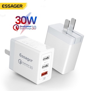 Essager 30W QC 3.0 ที่ชาร์จ USB สามอินเตอร์เฟซ สามารถชาร์จได้ในเวลาเดียวกัน เหมาะสําหรับ Huawei Xiaomi โทรศัพท์มือถือ Quick Charger 3 0