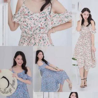 เดรสแฟชั่นลายดอกไม้สายเดี่ยวแขนระบาย(สีขาว)