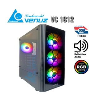 VENUZ ATX Mid Tower Tempered Glass Gaming Case VC 1812 with Rainbow RGB Fan x 4 - Black