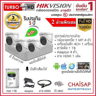 ชุดกล้องวงจรปิด โดม indoor Hikvision 4 ตัว1ล้านพิกเซล รุ่น DS-2CE56C0T-IRF / DS-7104HgHI-F1 พร้อมติดตั้ง