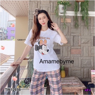 MM12698 Set 2 ชิ้น เสื้อยืดแขนสั้นสกรีนการ์ตูน + กางเกงขายาว Set of 2 pieces, short sleeve t-shirt with cartoon screen +