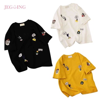 [Jegos.Th] เสื้อยืดลําลอง คอกลม แขนสั้น ปักลายการ์ตูน ทรงหลวม สําหรับสตรี