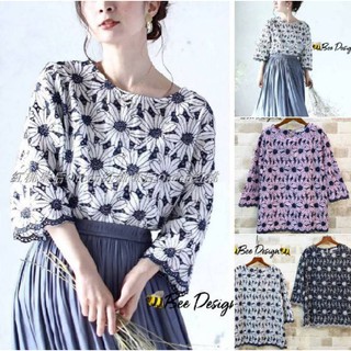 เสื้อเกาหลี ปักฉลุลายดอกใหญ่กระดุมหลัง ลายสวย ผ้าใส่สบาย