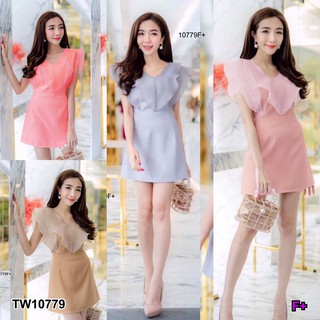 J10779 Dress เดรสสั้น อกระบายคลีบปลา