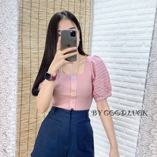 🎉🎉เสื้อไหมพรมปลายแขนชีฟองลายเส้นรุ่นเหลี่ยมพื้นลายเส้นน่ารักงุ้งงิ้ง🎉🎉