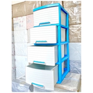 ตู้ลิ้นชักเก็บเสื้อผ้า เก็บของ รุ่น A 002-7 ลิ้นชักขาวโครงฟ้า ลายตรง Drawers 4 Tiers กว้าง34cmลึก43cmสูง83cm