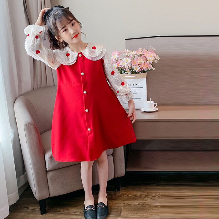 ชุดเดรสเด็กผู้หญิง Red Lovely Buttons Pin Import (ZH-DGP103)