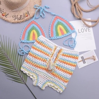 บิกินี่ไหมพรม ครบเซตคัลเลอร์ฟู Crochet bikini colorfull ชุดเที่ยวทะเล🔥