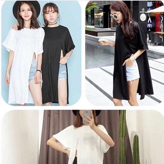 Faridar_shop 🎉 เสื้อoversize กึ่งเดรสแขนสั้นผ่าหน้า ผ้าเรย่อน