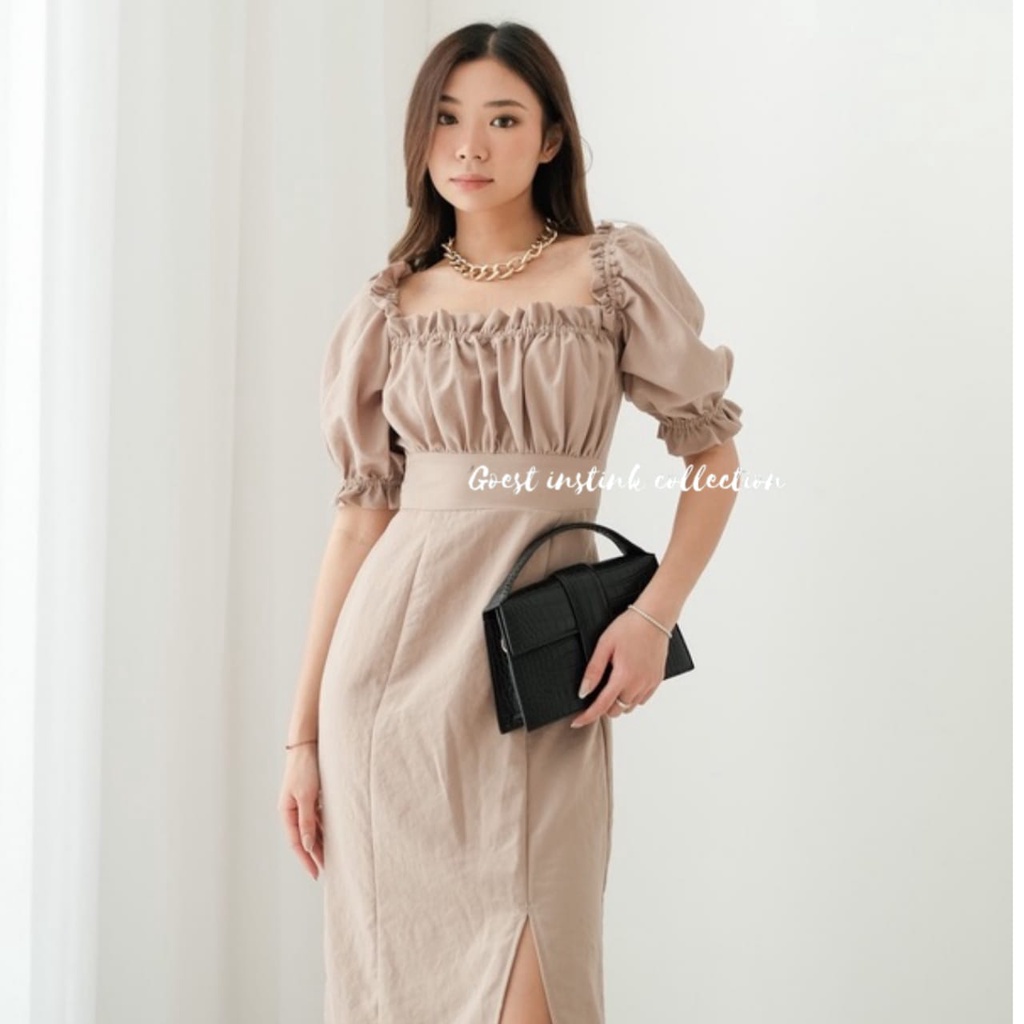 ขนาดใหญ่ Venice Midi Dress Side Slit Plain Sabrina Dress
