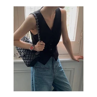 ส่งทันที Cici(NO. 2247)TankTop🪄 เสื้อเบลเซอร์แขนกุดคอวี ดีเทลกระดุมผ่ากลางสไตล์วินเทจเกาหลี