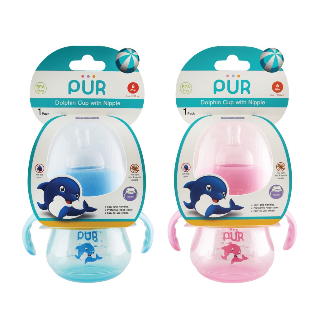 (แพ็คเก่า) PUR Dolphin Cup with Nipple แก้วหัดดื่มจุกนม ลายโลมา ขนาด 8 ออนซ์