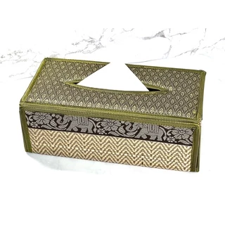 กล่องใส่ทิชชู่เสื่อกก ผ้าไหม ลายไทย ลายช้าง แบบมีทรง Reed Tissue Box