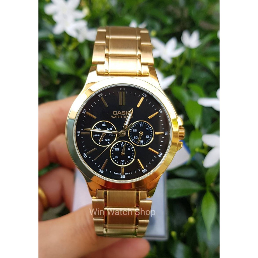 นาฬิกา Casio รุ่น MTP-V300G-1A นาฬิกาข้อมือผู้ชายสายสแตนเลสสีทอง หน้าปัดสีดำ -ของแท้ 100% ประกันสินค้า 1 ปีเต็ม