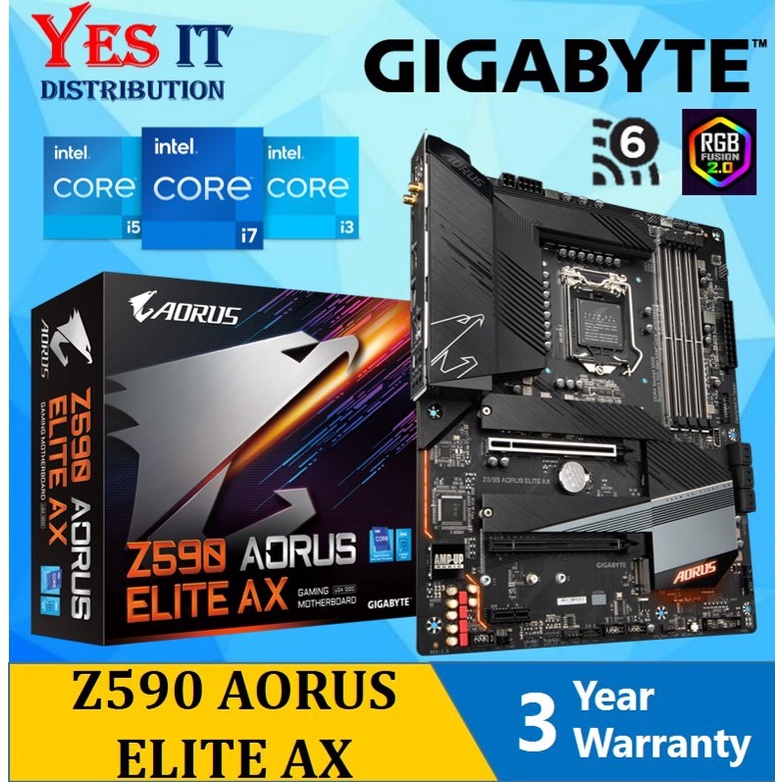 เมนบอร์ด GIGABYTE Z590 Aorus Elite AX LGA1200 ATX + โปรเซสเซอร์ INTEL 11th & 10th Gen