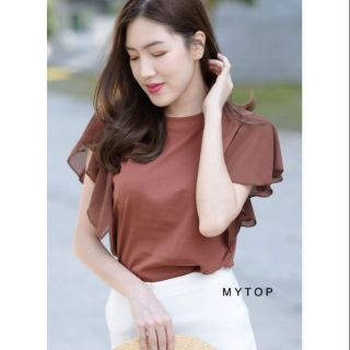 MY​TOP​ New in ❤️Code: G187  เสื้อยืดแต่งแขนระบายผ้าชีฟอง งา…