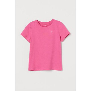 H&amp;M BASIC ORGANIC COTTON ชุดเด็ก เสื้อยืด คอกลม แขนสั้น สีชมพูสด ปักรูปหัวใจเล็กที่อก