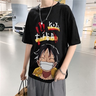 ย้อนยุคเสื้อยืดแขนสั้น ผ้าฝ้าย พิมพ์ลาย One Piece Luffy ขนาดใหญ่ สไตล์ญี่ปุ่น ฮ่องกง สําหรับผู้ชาย และนักเรียนS-5XL