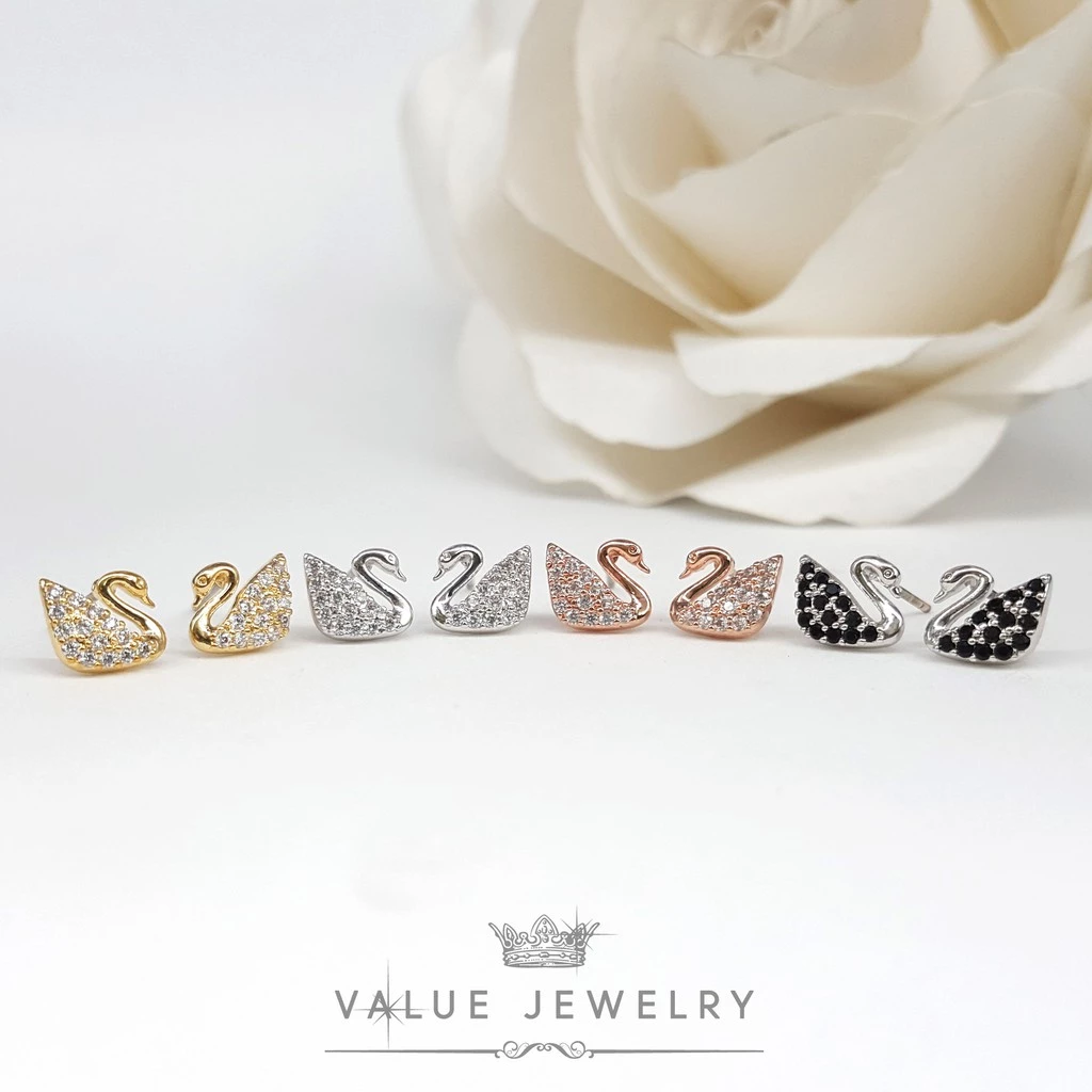 ต่างหูแป้น ฝังคริสตัลละเอียด ลายหงส์สวา Swarovski มี3สี ขนาดเล็ก ตุ้มหู เครื่องประดับ ER0203 ER0212 ER0701 ValueJewelry