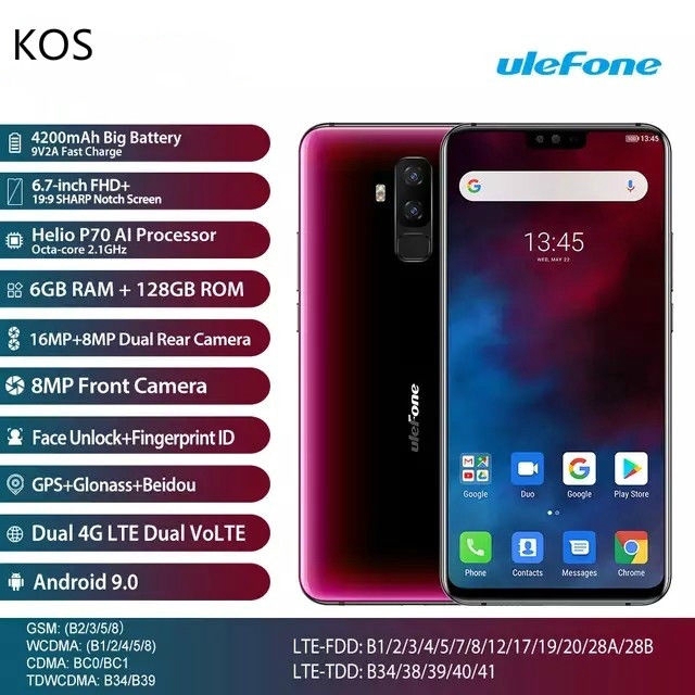สมาร์ทโฟน จอUlefone T2 4G 6.7 นิ้ว 6GB แรม128GB รอม แบตอึด4200mAh แอมป์ FHD + โทรศัพท์มือถือ Android9.0