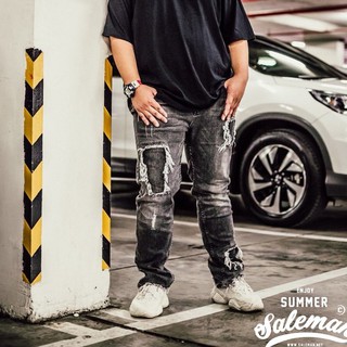 STREET JEANS FASHION ขายาวยีนต์นอก AN-09-เอว34นิ้ว ผ้ายืด ใส่สบาย เทาเข้มขาด