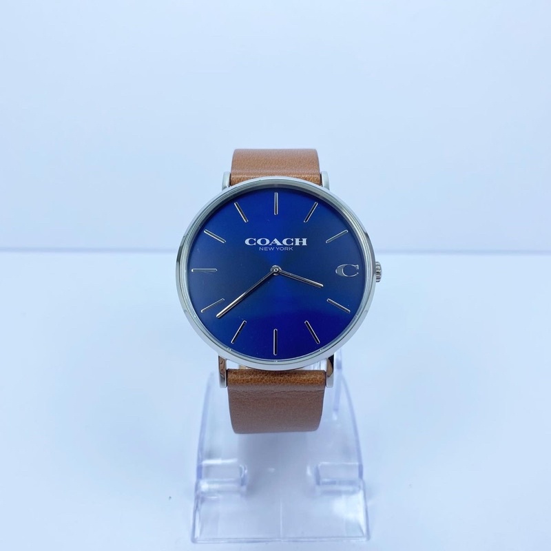 นาฬิกาผู้ชายแบรนด์ COACH Charles Saddle Leather Strap Blue Sunray Dial Watch