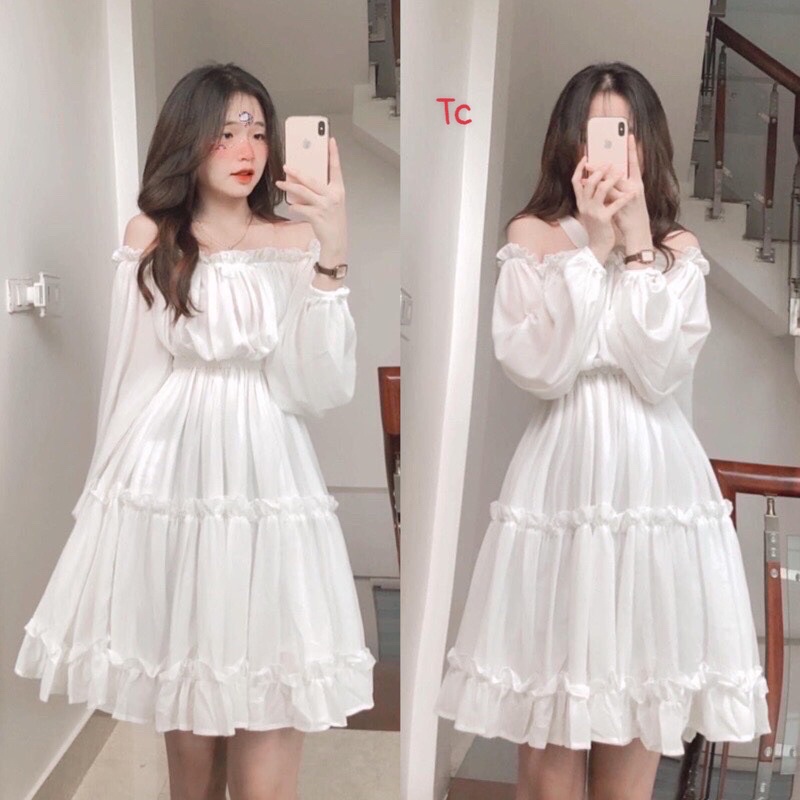 ชุดเจ้าหญิงปาดไหล่ เดรสระบายปาดไหล่ เดรสสีขาวแขนยาวใส่ได้สองแบบ