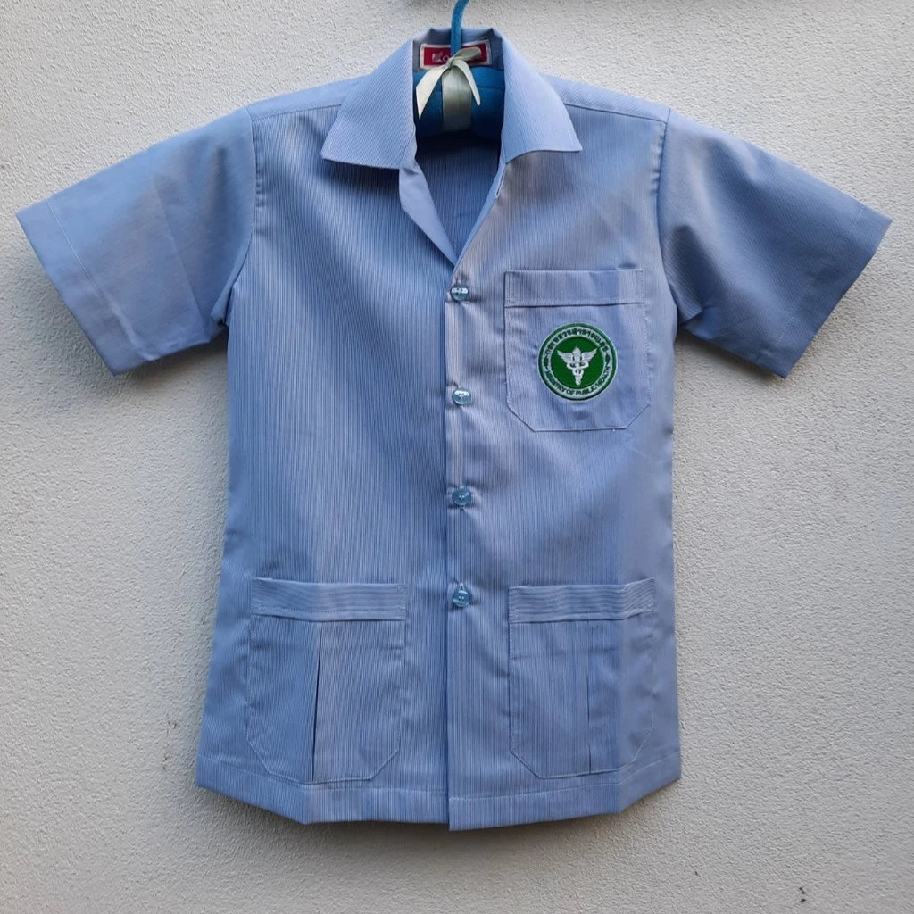 เสื้อฟ้าริ้วขาวสาธารณสุขคอปก (ผู้หญิง เข้ารูป) แบบปัก/ไม่ปักโลโก้