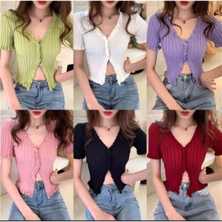 Hot สินค้ารุ่นใหม่พร้อมส่ง เสื้อคอวีระบาย งานมีกระดุมผ้าไหมพรม