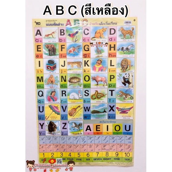 โปสเตอร์ แบบฝึกอ่าน-เขียน ABC (สีเหลือง) โปสเตอร์สื่อการเรียนรู้ ก-ฮ สูตรคูณ ท่องจำ สอนเด็ก อนุบาล สุภาษิตไทย ภาษาไทย