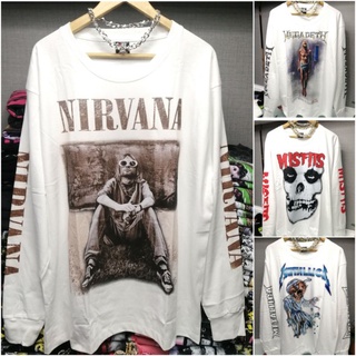 เสื้อยืดแขนยาวตัวใหญ่ NIRVANA อก48" ยาว30" สกรีนหน้า-หลัง-แขน ผ้าหนา,นุ่ม แขนยาวสีขาว ลายวง KISS MEGADETH METALLICA