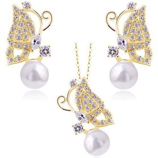 MiStyles ชุดเครื่องประดับ ไข่มุก คริสตัล ตุ้มหู ต่างหู สร้อยคอ จี้ Jewelry Gift Set - BUTTERFLY 0481