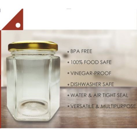 CROSS HOMES : CHM43219-85722* ขวดโหล Hexagon Jars Gold Lid 6-oz, 1 pk