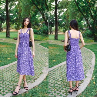 MASS Fashion : เดรสยาวสายเดียว สีม่วง สม็อคอก Dress - Violet Lavender