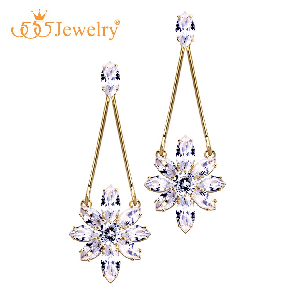 555jewelry ต่างหูห้อยแฟชั่นผู้หญิง รูปดอกไม้ ตกแต่งด้วยเพชร CZ รุ่น MNC-BER167 - ต่างหูสวยๆ ต่างหูแฟ