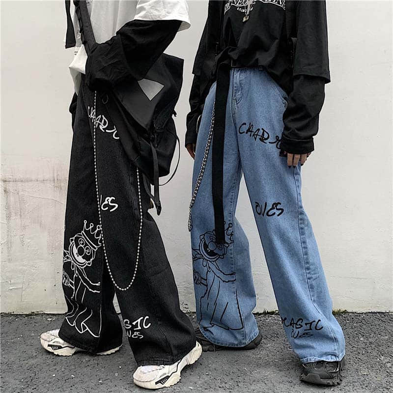 Mens Womens Retro Wide Leg Pants Straight Letter Printed Trouser Belt ...